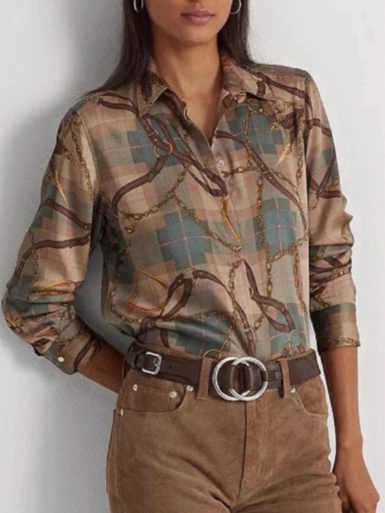 Lauren Ralph Lauren Tops - Lauren Ralph Lauren Brown & Green Plaid Chain-Print Long Sleeve Blouse